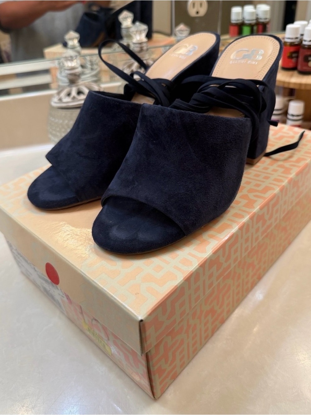 Gianni Bini Navy Suede Open-Toe Lace-Up Mules with Wrap Ties